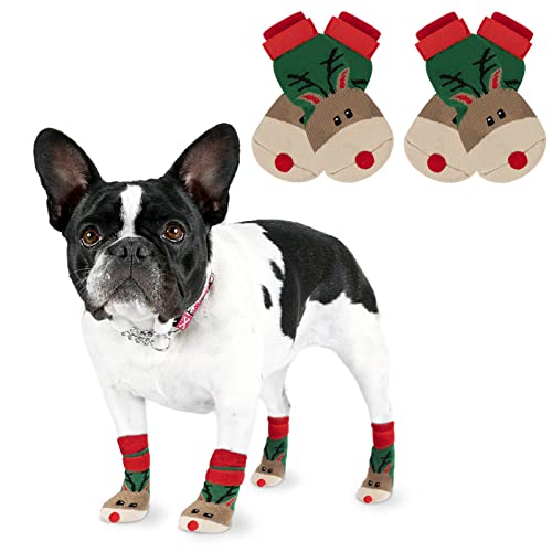 RANYPET Weihnachtssocken für Hunde 2 Paar – Indoor Anti-Rutsch Socken Weicher Verstellbarer Pfotenschutz für Alter Hund mit Riemen Traktionskontrolle für den Innenbereich auf Hartholzböden S von RANYPET