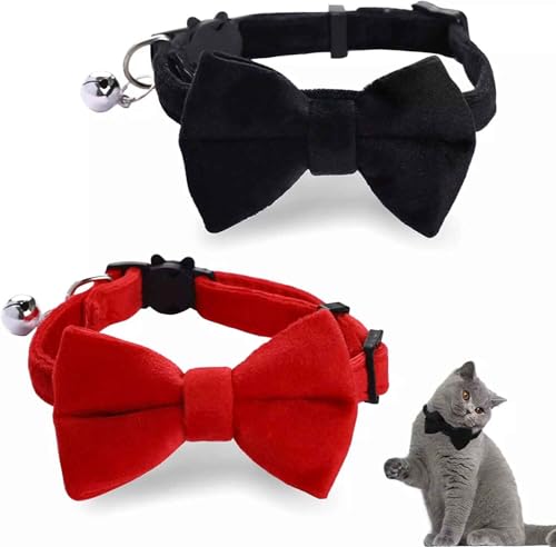 Katzenhalsband mit Fliege aus Samt, verstellbar, mit Glöckchen und Fliege, einfarbig, abnehmbare Katzen mit Sicherheitsschnalle für Katzen, Kätzchen, Welpen, Haustierzubehör, 2 Stück von RANYUNSYZ