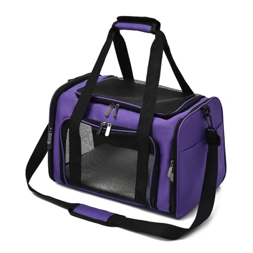Katzentragetasche für Katzen und kleine Hunde, tragbare und faltbare Haustier-Reisetasche mit Schultergurt, atmungsaktive Netz-Tragetasche für Auto, Bus, Wandern, Picknick (lila) von RAOPLA