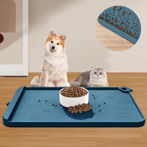 Hundefuttermatte, Silikon-Hundematte für Futter und Wasser, Haustier-Futtermatten mit Rückstandssammlungstasche, wasserdichte Hunde- und Katzennapfmatten mit erhöhten Kanten und Haken, Platzsets für von RAOUOEN