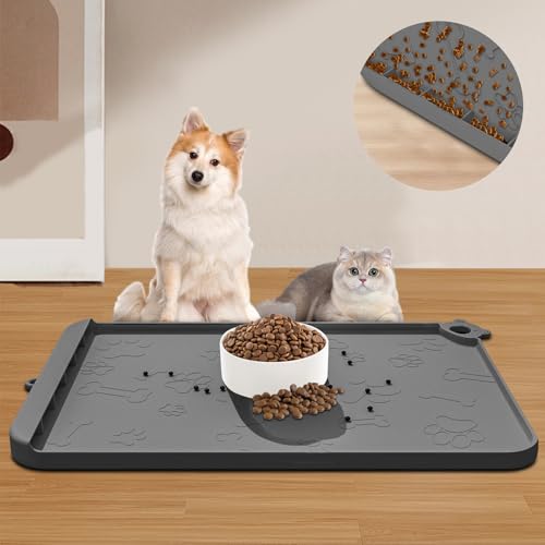 Silikon-Hundefuttermatte mit Rückstandssammlungstasche, wasserdichte Haustier-Futtermatte für Katzen und Hunde, erhöhte Kanten, Haken, Tischsets für Wassernapf Silikon-Hundefuttermatte mit Rückstandssammlungstasche, wasserdichte Haustier-Futtermatte für Katzen und Hunde, erhöhte Kanten, Haken, Tischsets für Wassernapf von RAOUOEN