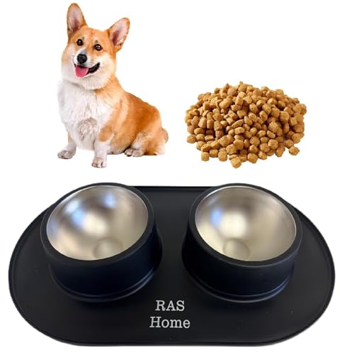 Premium-Edelstahl-Doppelnapf für kleine bis mittelgroße Hunde und Katzen, rutschfeste Matte aus Edelstahl, für Hunde und Katzen, rutschfeste Silikonmatte mit zwei Edelstahlnäpfen Premium-Edelstahl-Doppelnapf für kleine bis mittelgroße Hunde und Katzen, rutschfeste Matte aus Edelstahl, für Hunde und Katzen, rutschfeste Silikonmatte mit zwei Edelstahlnäpfen von RAS Home