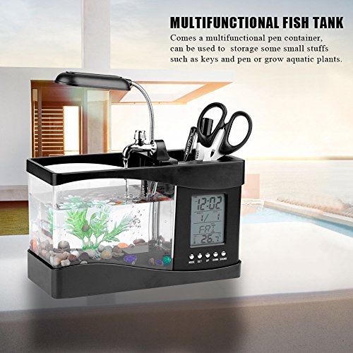 Aquarium Multifunktionaler USB, Reable Fish Desktop-Fischstift mit Uhrfunktion, LED-Licht, E-IC-Wasserlaufpumpe, Kalender, Stifthalter, Schwarz (Black) von RASTKY