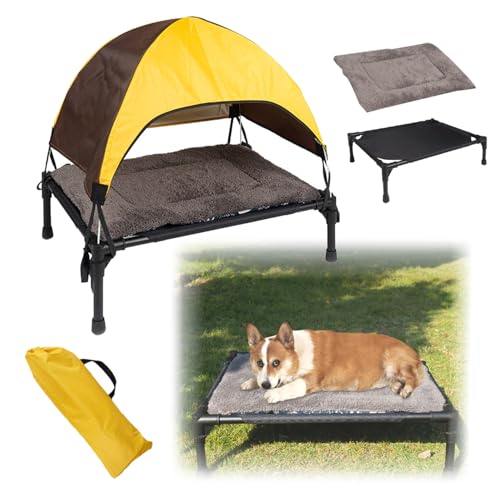 Hundebett Outdoor Mit Dach,Hundeliege Mit Dach Klappbar Mit Anti-Rutsch-Füßen 43x55cm,Mit Schatten Auf 3 Seiten,Inklusive Polster & Aufbewahrungstasche,Hundesofa Für Camping,Garten,Strand von RATSTONE