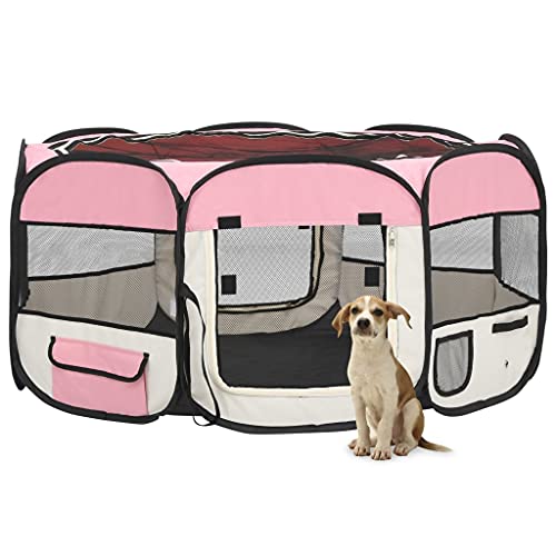 Hunde-Laufstall, faltbar, mit Tragetasche, Rosa, 145 x 145 x 61 cm, Artikelfarbe: Rosa und Creme von RAUGAJ