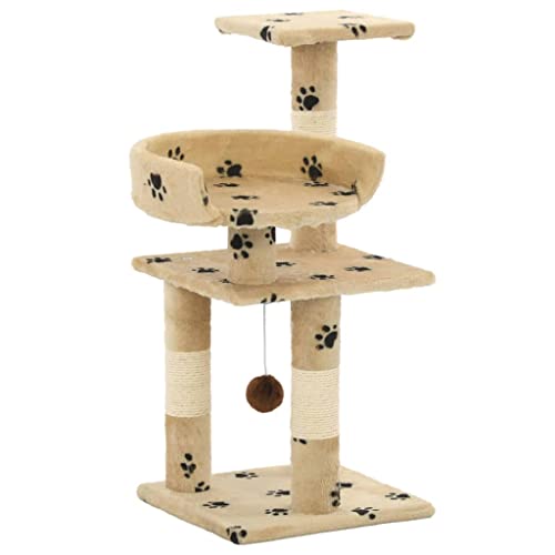 Pet Supplies Katzenbaum mit Sisal-Kratzstämmen, 65 cm, Pfotenabdrücke, Beige von RAUGAJ