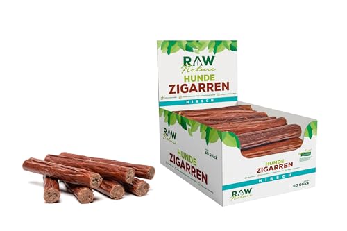 RAW Nature Hunde-Zigarre Hirsch PUR 60-Stück - 100% natürliches Hundesnack - Monoprotein - hypoallergen & getreidefrei - luftgetrocknetes Hirschfleisch - Dörrfleisch - hochwertiges Muskelfleisch von RAW Nature