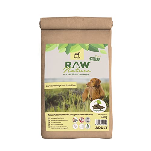 RAW Nature Trockenfutter Adult mit Huhn 12kg, kaltgepresstes Hundefutter, Getreidefrei, 100% Muskelfleisch, hoher Fleischanteil, ohne künstliche Zusätze, für alle Rassen geeignet von RAW Nature