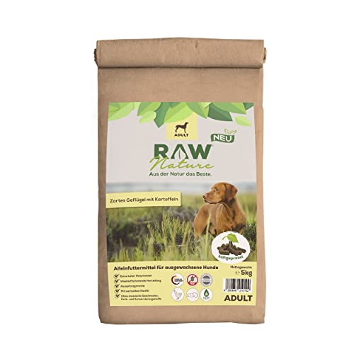 RAW Nature Trockenfutter Adult mit Huhn 5kg, kaltgepresstes Hundefutter, Getreidefrei, 100% Muskelfleisch, hoher Fleischanteil, ohne künstliche Zusätze, für alle Rassen und Sensible Hunde geeignet von RAW Nature