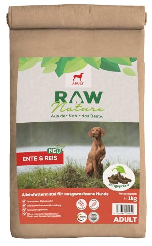 RAW Nature Trockenfutter Adult mit Ente 1kg, kaltgepresstes Hundefutter, Getreidefrei, 100% Muskelfleisch, hoher Fleischanteil, ohne künstliche Zusätze, für alle Rassen und Sensible Hunde geeignet von RAW Nature