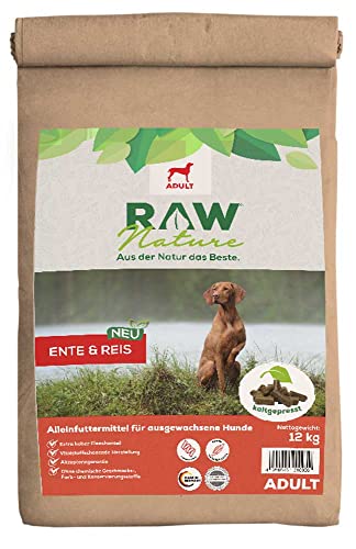 RAW Nature Trockenfutter Adult mit Ente 12kg, kaltgepresstes Hundefutter, Getreidefrei, 100% Muskelfleisch, hoher Fleischanteil, ohne künstliche Zusätze, für alle Rassen und Sensible Hunde geeignet von RAW Nature