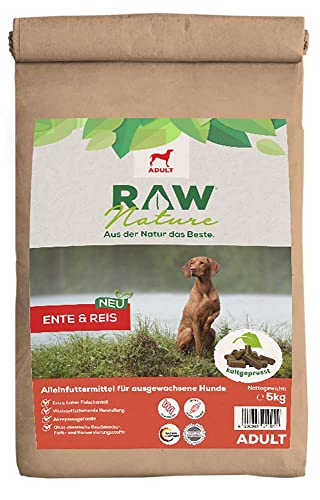 RAW Nature Trockenfutter Adult mit Ente 5kg, kaltgepresstes Hundefutter, Getreidefrei, 100% Muskelfleisch, hoher Fleischanteil, ohne künstliche Zusätze, für alle Rassen und Sensible Hunde geeignet von RAW Nature