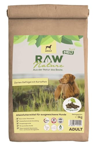 RAW Nature Trockenfutter Adult mit Huhn 1kg, kaltgepresstes Hundefutter, Getreidefrei, 100% Muskelfleisch, hoher Fleischanteil, ohne künstliche Zusätze, für alle Rassen und Sensible Hunde geeignet von RAW Nature