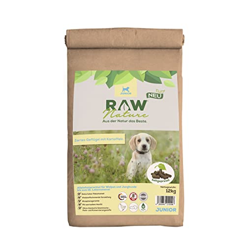 RAW Nature Trockenfutter JUNIOR mit Huhn 12kg, kaltgepresstes Hundefutter, Getreidefrei, 100% Muskelfleisch, hoher Fleischanteil, ohne künstliche Zusätze, für alle Rassen und Sensible Hunde geeignet von RAW Nature