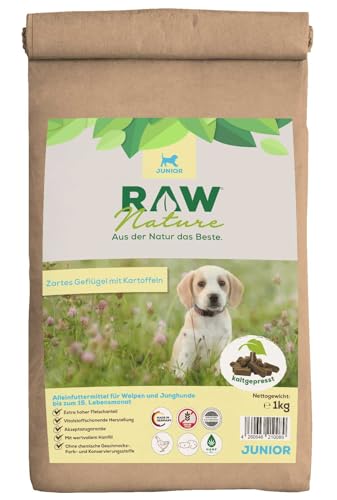 RAW Nature Trockenfutter JUNIOR mit Huhn 1kg, kaltgepresstes Hundefutter, Getreidefrei, 100% Muskelfleisch, hoher Fleischanteil, ohne künstliche Zusätze, für alle Rassen und Sensible Hunde geeignet von RAW Nature