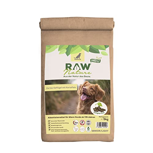 RAW Nature Trockenfutter Senior mit Huhn 5kg, Kaltgepresstes Hundefutter, Getreidefrei, 100% Muskelfleisch, hoher Fleischanteil, ohne künstliche Zusätze, für alle Rassen und Sensible Hunde von RAW Nature