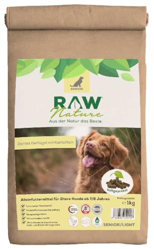 RAW Nature Trockenfutter Senior mit Huhn 1kg, Kaltgepresstes Hundefutter, Getreidefrei, 100% Muskelfleisch, hoher Fleischanteil, ohne künstliche Zusätze, für alle Rassen und Sensible Hunde von RAW Nature