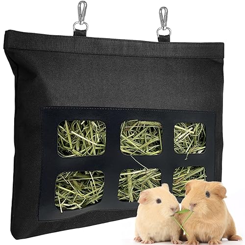 Kaninchen Heu Feeder Bag, Upgraded Bunny Guinea Pig Heu Feeder, 600D Oxford Fabric Heu Holder for Small Animal Rabbit Guinea Pig Chinchilla Cage (Black) von RAYFARMO