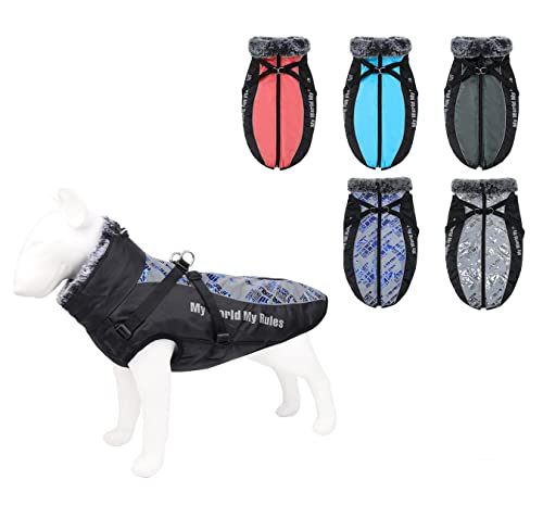 RC GearPro Hundejacke Mantel mit Geschirr, Kaltwetter-Hundemäntel mit Geschirr Pelzkragen mit Reißverschluss reflektierend für mittelgroße Hunde (2XL, Blendblau) von RC GearPro