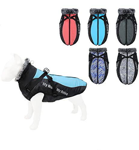 RC GearPro Hundejacke Mantel mit Geschirr, Kaltwetter-Hundemäntel mit Geschirr Pelzkragen mit Reißverschluss reflektierend für mittelgroße Hunde (4XL, Himmelblau) von RC GearPro