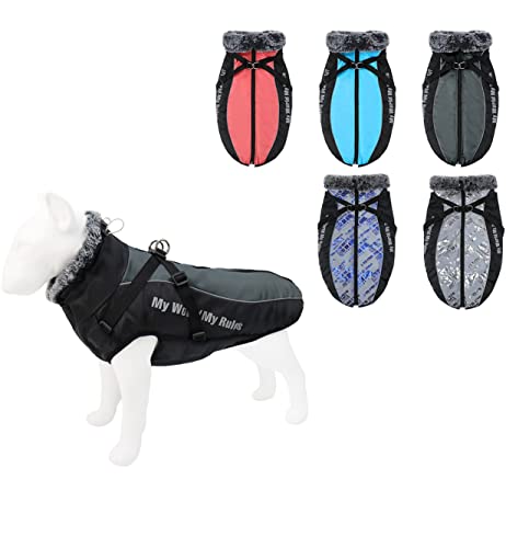RC GearPro Hundejacke Mantel mit Geschirr, Kaltwetter-Hundemäntel mit Geschirr Pelzkragen mit Reißverschluss reflektierend für mittelgroße Hunde (5XL, Dunkelgrau) von RC GearPro
