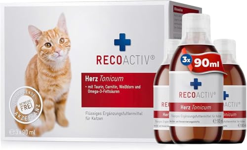 RECOACTIV Herz Tonicum für Katzen, 3 x 90 ml, Ergänzungsfuttermittel bei Herzfunktionsstörungen sowie zur Prophylaxe, mit Taurin, L-Carnitin, Omega-3-Fettsäuren und Weißdorn von RECOACTIV