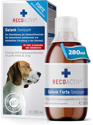 RECOACTIV Gelenk Tonicum Forte für Hunde, 1 x 280 ml, Diät-Ergänzungsfuttermittel bei degenerativen Gelenkerkrankungen, mit Grünlippmuschel, Glucosamin, Chondroitinsulfat, MSM, Teufelskralle & Omega-3 von RECOACTIV