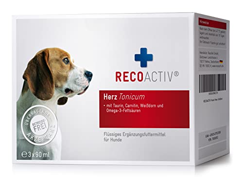 RECOACTIV Herz Tonicum für Hunde, 3 x 90 ml, Ergänzungsfuttermittel bei Herzfunktionsstörungen sowie zur Prophylaxe, mit L-Carnitin, Taurin, Omega-3-Fettsäuren und Weißdorn von RECOACTIV