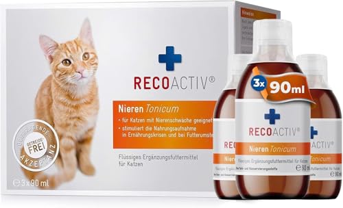 RECOACTIV Nieren Tonicum für Katzen, 3 x 90 ml, bei Anzeichen Einer Nierenfunktionsstörung, in der Rekonvaleszenz und zur Prophylaxe. Hochwertiges Protein, Appetit anregendes Ergänzungsfuttermittel von RECOACTIV