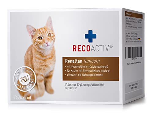 RECOACTIV Renaltan Tonicum für Katzen, 3 x 90 ml, mit Phosphatbinder zur Reduktion der Phosphataufnahme aus der Nahrung und Unterstützung der Nierenfunktion, Ergänzungsfuttermittel von RECOACTIV