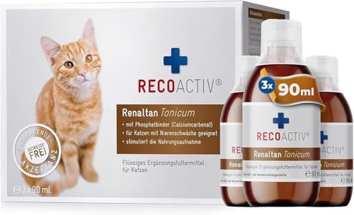 RECOACTIV Renaltan Tonicum für Katzen, 3 x 90 ml, mit Phosphatbinder zur Reduktion der Phosphataufnahme aus der Nahrung und Unterstützung der Nierenfunktion, Ergänzungsfuttermittel von RECOACTIV