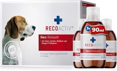 RECOACTIV Herz Tonicum für Hunde, 3 x 90 ml, Ergänzungsfuttermittel bei Herzfunktionsstörungen sowie zur Prophylaxe, mit L-Carnitin, Taurin, Omega-3-Fettsäuren und Weißdorn von RECOACTIV