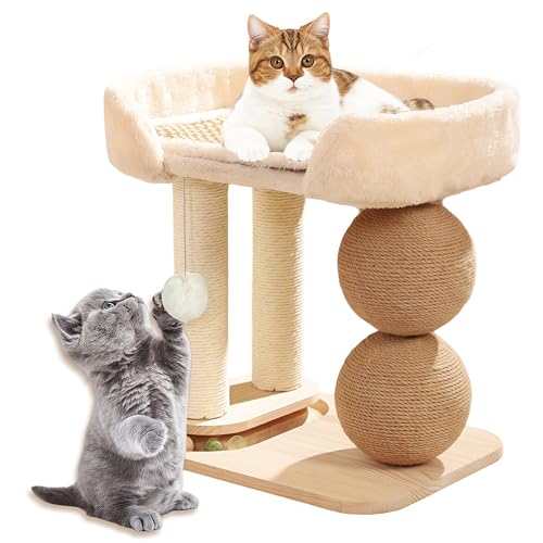 REDKNOT 5 in 1 Katzenspielzeug Aus Holz Interaktives Kitten Spielzeug Roller Tracks mit Drehteller, Kühlmatte Katzenbett, Hängenden Kugeln, Federn, Sisal-Katzenkratzbaum, Platzsparend von REDKNOT