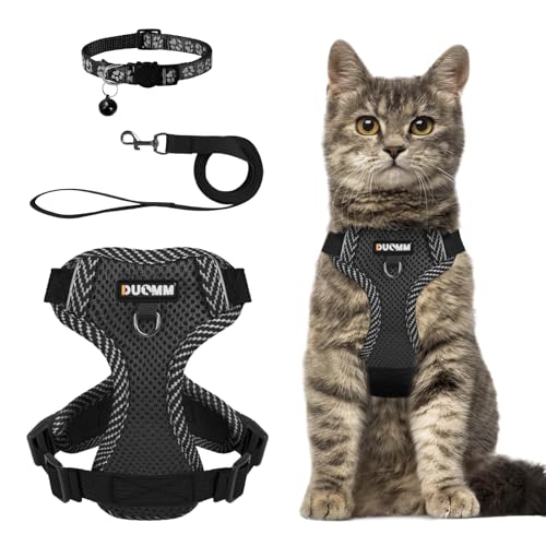 Katzengeschirr Mit Leine Set, Verstellbar Ausbruchsicher Mit Reflektierendem Geschirr, Atmungsaktiv Mesh Und Halsband Set für Hunde Und Katzen Auf Spaziergängen (Black, M) von REESTBOO