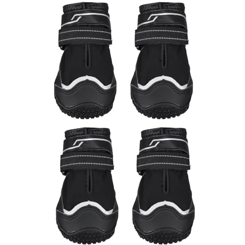 REESTBOO Hundeschuhe, 4 Stück Anti-Rutsch Hundestiefel Mit Reflektierendem Riemen, Pfotenschutz Schuhe für Kleine Mittlere Große Hunde, Schwarz (4#) von REESTBOO