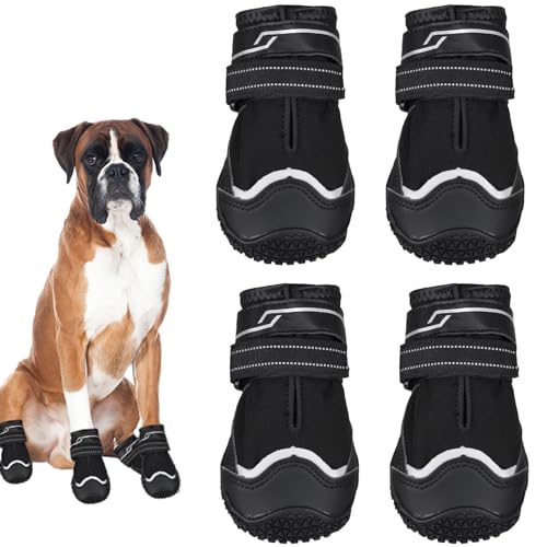 REESTBOO Hundeschuhe Pfotenschutz, 4 Stück Anti-rutsch Hundeschuhe Hundestiefel Pfotenschutz mit Reflektierendem Riemen und Klettverschluss, Pfotenschutz Schuhe für Große Hunde Winter, Schwarz (7#) von REESTBOO