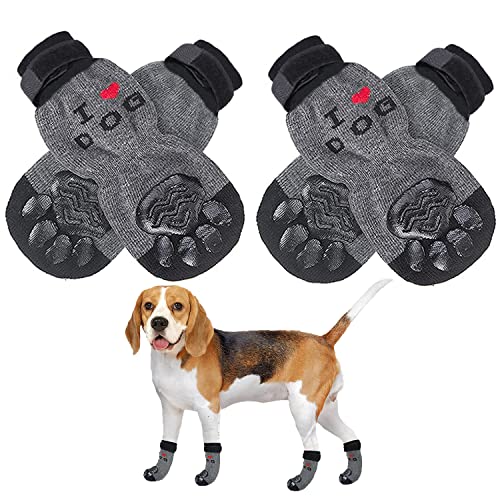 REESTBOO Socken für Hunde, 2 Paar Doppelseitiges rutschfeste Indoor Hundesocken mit Verstellbarer Rieme, Pfotenschutz und Traktion mit Gummiverstärkung Gel für Hund und Katzen, Dunkelgrau (S) von REESTBOO