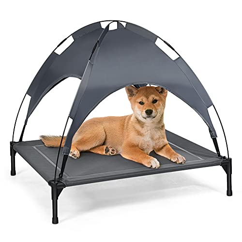 RELAX4LIFE Hundeliege, Hundebett mit Baldachin, Haustierbett für Indoor Outdoor Garten, Hundehütte aus atmungsaktivem Textilene, Liegeplatz für Haustiere Hunde bis 60 kg, grau (90 x 81 x 86 cm) von RELAX4LIFE