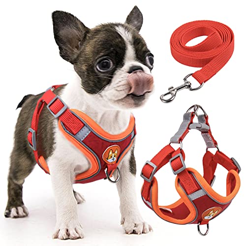 rennaio Hundegeschirr Kein Ziehen, Verstellbares Welpengeschirr mit 2 Leinenclips, Reflektierendes Hundegeschirr und Leine Set für kleine und mittelgroße Hunde (Rot, S) von RENNAIO