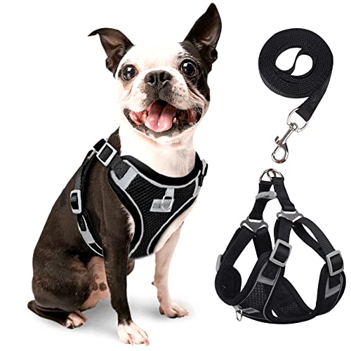 rennaio Hundegeschirr Kein Ziehen, Verstellbares Welpengeschirr mit 2 Leinenclips, Reflektierendes Hundegeschirr und Leine Set für kleine und mittelgroße Hunde (Schwarz, M) von RENNAIO