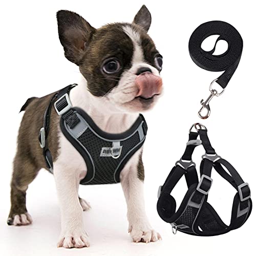rennaio Hundegeschirr Kein Ziehen, Verstellbares Welpengeschirr mit 2 Leinenclips, Reflektierendes Hundegeschirr und Leine Set für kleine und mittelgroße Hunde (Schwarz, S) von RENNAIO