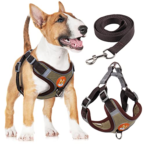 rennaio Hundegeschirr Kein Ziehen, Verstellbares Welpengeschirr mit 2 Leinenclips, Reflektierendes Hundegeschirr und Leine Set für kleine und mittelgroße Hunde (Braun, XL) von RENNAIO