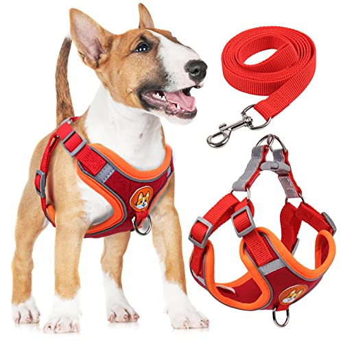 rennaio Hundegeschirr Kein Ziehen, Verstellbares Welpengeschirr mit 2 Leinenclips, Reflektierendes Hundegeschirr und Leine Set für kleine und mittelgroße Hunde (Rot, XL) von RENNAIO
