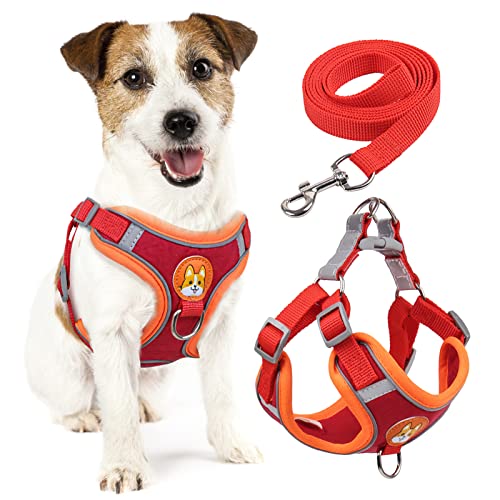 rennaio Hundegeschirr Kein Ziehen, Verstellbares Welpengeschirr mit 2 Leinenclips, Reflektierendes Hundegeschirr und Leine Set für kleine und mittelgroße Hunde (Rot, l) von RENNAIO