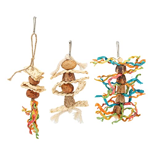 3Pcs Bird Chewing Toys | Plant - Based Nuts/Hemp Rope/Corn Husk | Long - Lasting Parrot Toys for Beak Sharpening & Anxiety Relief | Colorful Hanging Toys with Stainless Steel von REXVTNS