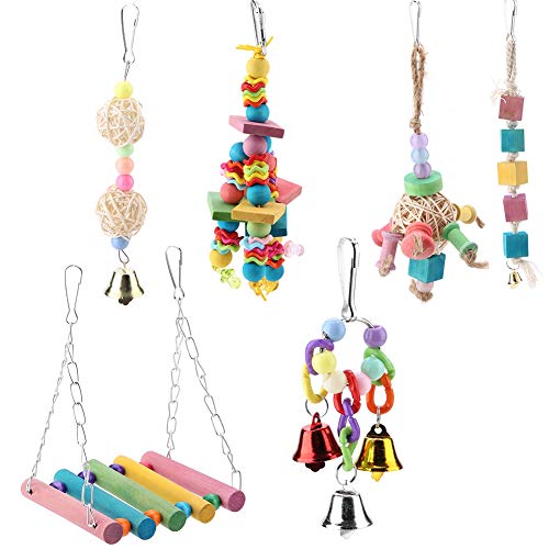 6Pcs Bird Parrot Wood Chewing Toys | Hanging Bridge & Swing Set for Beak Grinding/Foot Exercise | Organic Wood Pet Toys for Cage | Sturdy & Colorful Chewable Accessories von REXVTNS