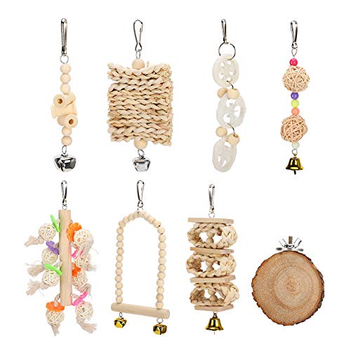 8 Packs Bird Parrots Swing Toys | Sustainable Wood Climbing & Chewing Set for Cage | Hanging Exercise Toys for Small/Medium Birds | Secure Non - Hazardous Wood & Straw von REXVTNS