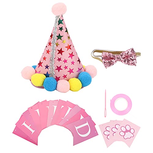 Dog Birthday Hat & Bow Tie Set | Adjustable Soft Pet Party Accessories | Birthday Decor for Small/Medium Dogs | Washable Polyester Cotton Fabric (Pink) von REXVTNS