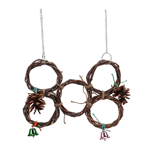 Hölzerner Papageienschwung Spielzeug | Nachhaltiger Obstgarten AST Vogelschwung mit Glocken/Kiefernkegel | Doppelringdesign für mehrere Vögel | Käfighängehaken für Sittiche / (5 Rings) von REXVTNS