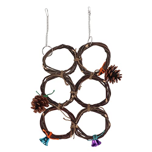 Hölzerner Papageienschwung Spielzeug | Nachhaltiger Obstgarten AST Vogelschwung mit Glocken/Kiefernkegel | Doppelringdesign für mehrere Vögel | Käfighängehaken für Sittiche / (6 Rings) von REXVTNS